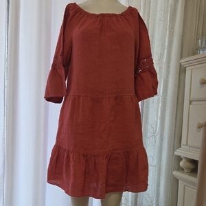 Terzo Millennio Red 3/4 Sleeve Embroidered Dress Women’s Small Size Coral Color